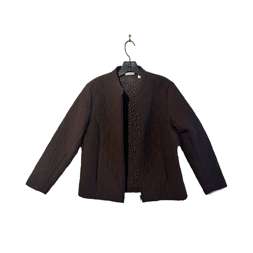 Laura Ashley Brown Quilted Zip Up Jacket Mock Neck Scalloped Texture Women's S